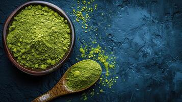 AI generated Green matcha powder in a wooden deep plate and a wooden spoon. View from above. Copy space. Horizontal format. photo