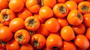 AI generated Background from persimmon fruits. Bright orange color. Wallpaper their fruits. Horizontal format. photo