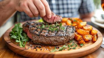 AI generated A man eats a steak served with potatoes on a wooden plate in a restaurant. Horizontal format. photo