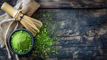 AI generated Matcha green powder and whisk on a wooden table top view. Copy space. Horizontal format. photo