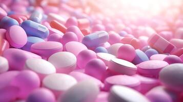 AI generated Background of medical pills in pink and purple colors. Delicate shades. Macro photography. Horizontal wallpaper format. photo