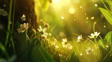 AI generated Clearing of daisies and trees. Beautiful sunshine. Peaceful background. Copy space. photo