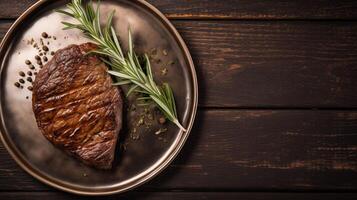 AI generated Steak with rosemary and spices on a wooden table. Copy space. View from above. Macro photography. Horizontal format. photo