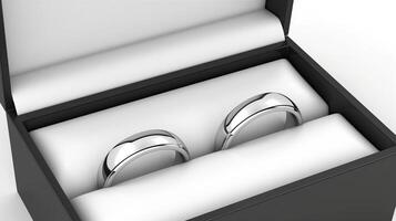 ai generado dos blanco oro Boda anillos en un negro caja. Boda preparativos. horizontal formato. foto