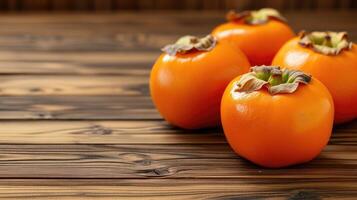 AI generated Persimmon on a wooden table. Copy space. Macro photography. Fresh fruits. photo