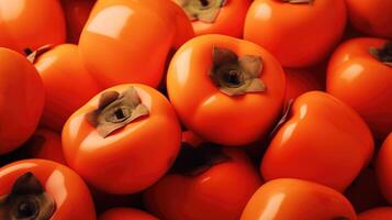 AI generated Background from persimmon fruits. Bright orange color. Macro photography. Horizontal format. photo