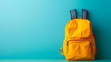 AI generated Isolated yellow school backpack on white background with zipper, handles, and spacious compartments, perfect for school, travel, and sports supplies photo