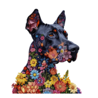 AI generated Doberman Pinscher made of flowers water painting vintage vivid colors png