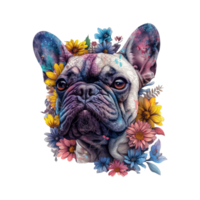 ai genererad franska bulldogg tillverkad av blommor vatten målning årgång levande färger png