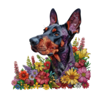 AI generated Doberman Pinscher made of flowers water painting vintage vivid colors png