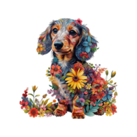 AI generated Dachshund made of flowers water painting vintage vivid colors png