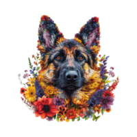 AI generated German Shepherd made of flowers water painting vintage vivid colors png