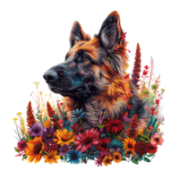 AI generated German Shepherd made of flowers water painting vintage vivid colors png