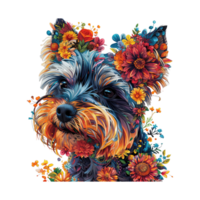 ai genererad yorkshire terrier tillverkad av blommor vatten målning årgång levande färger png