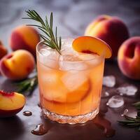 AI generated A cold drink of orange peach color in a glass with ice and fruit, vokurg peaches and a sprig of rosemary. Refreshing drinks photo