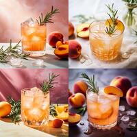 AI generated A cold drink of orange peach color in a glass with ice and fruit, vokurg peaches and a sprig of rosemary. Refreshing drinks photo