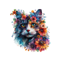 AI generated cat made of flowers water painting vintage vivid colors png