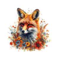 AI generated Fox made of flowers water painting vintage vivid colors png