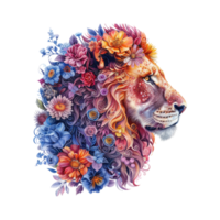 ai genererad lejon tillverkad av blommor vatten målning årgång levande färger png