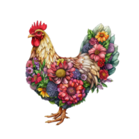 AI generated chicken made of flowers water painting vintage vivid colors png
