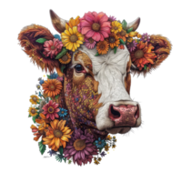 AI generated Cow made of flowers water painting vintage vivid colors png