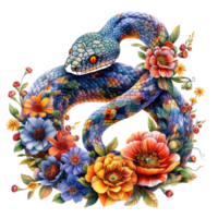 AI generated Snake made of flowers water painting vintage vivid colors png