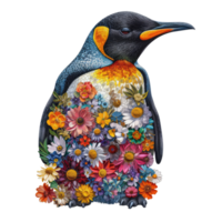 AI generated Penguin made of flowers water painting vintage vivid colors png