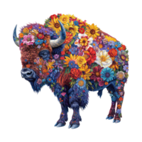 AI generated Bison made of flowers water painting vintage vivid colors png