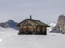 dolomites snow panorama wooden hut val badia armentarola hill photo