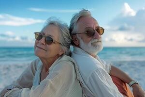 ai generado mayor Pareja disfrutando playa puesta de sol juntos foto