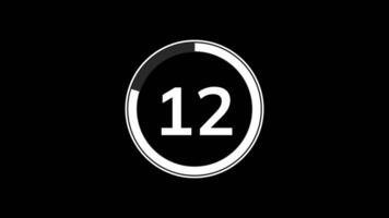 15 seconds countdown timer animation with simple flat modern white circle indicator animation on black background video