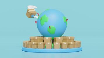 3d goods cardboard box with wing, rotating globe on podium, pin isolated on blue background. express delivery route, worldwide shipping concept, 3d illustration render, alpha channel video