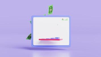 3d charts graph with flying banknotes, tablet, dollar coin, analysis business financial data, arrow isolated on purple background. business strategy concept, 3d render illustration video