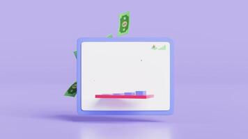 3d Diagramme Graph mit fliegend Banknoten, Tablette, Dollar Münze, Analyse Geschäft finanziell Daten, Pfeil isoliert auf lila Hintergrund. Geschäft Strategie Konzept, 3d machen Illustration video