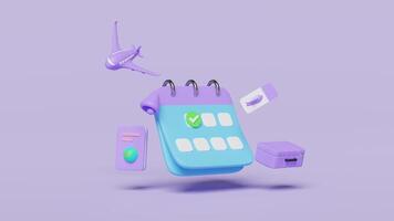 3d calendar with suitcase, airplane, checkmark, marked date, notification bell flight isolated on purple.schedule appointment, summer travel, itinerary concept, 3d render illustration video