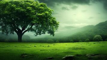 ai generado un verde árbol en un campo con el Dom brillante en eso foto