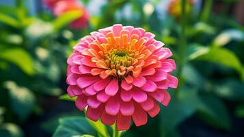 AI generated Blossom lilac zinnia flower on a green background on a summer day macro photography. photo