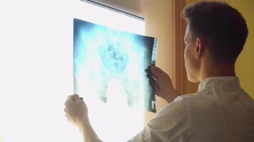 Jeune médecin examine radiographie de colonne vertébrale dans clinique. colonne vertébrale blessure diagnostic. concept de médecine, santé se soucier et gens video