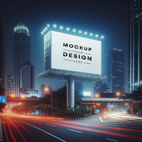 Advertising billboard mockup with blurred traffic lights at night psd