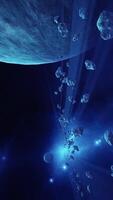 a large cluster of asteroids near an unknown planet, vertical video