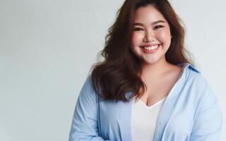 AI generated The fat woman smiled, looking confident in herself. Beautiful fat woman concept, white background photo