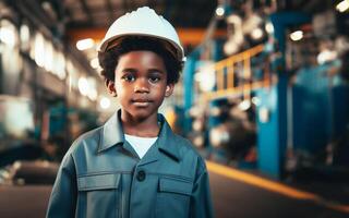 ai generado niños vistiendo Ingenieria uniformes en un fábrica controlar maquinaria futuro carrera sueño concepto foto