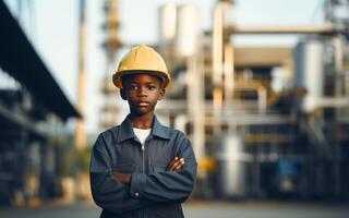 ai generado niños vistiendo Ingenieria uniformes en un fábrica controlar maquinaria futuro carrera sueño concepto foto