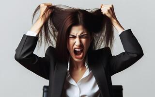 AI generated business woman Angry and aggressive, pinching his own hair, white background. photo