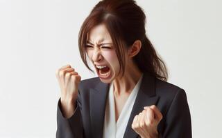 AI generated business woman Angry and aggressive, pinching his own hair, white background. photo