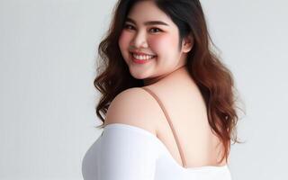 AI generated The fat woman smiled, looking confident in herself. Beautiful fat woman concept, white background photo