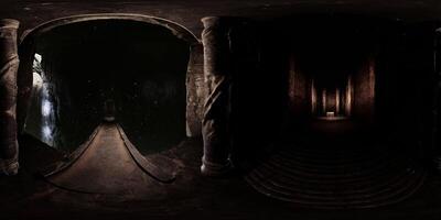 un oscuro pasillo con columnas y un ligero a el final video