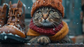 ai generado un gato en un invierno sombrero y bufanda en el tarde en invierno en el calle cerca el del propietario Zapatos foto