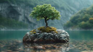 AI generated A lonely tree on a small island in a mountain lake photo