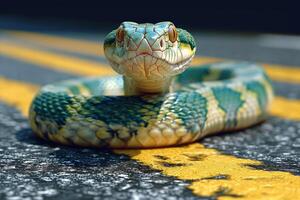 ai generado un serpiente gatea a través de un peatonal cruce en el calle foto